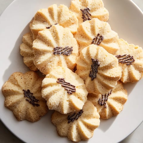 Spritz cookies arranged in a beautiful fan shape, golden and sprinkled, ready to enjoy this holiday.