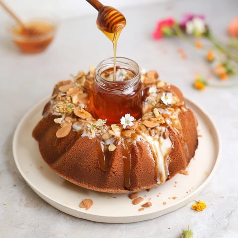 Golden honey flows from the center of The Honey-Drip cake, ready to be drizzled.