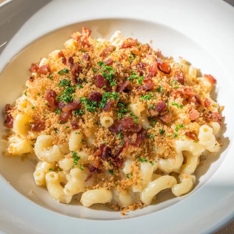 Creamy Tinis Mac and Cheese with Bacon, topped with crispy bacon crumbles, ready to serve and enjoy.