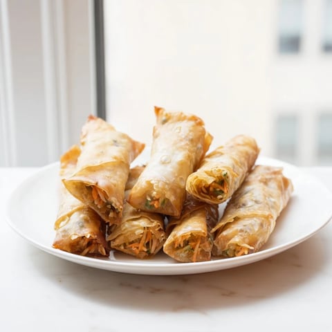 Golden, crispy Air Fryer Chicken Lumpia Bites, a Filipino-inspired appetizer ready to eat with dipping sauce.