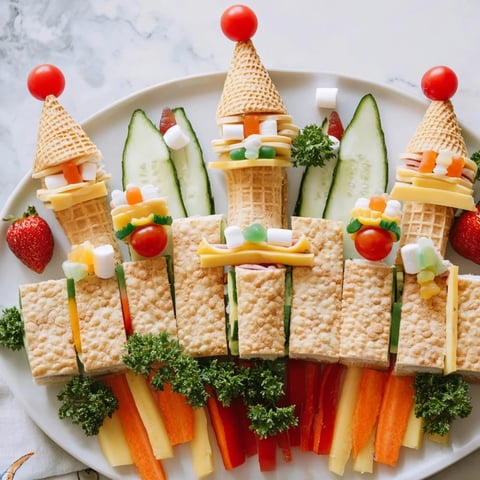 Fairy Tale Castle Platter with colorful fruits and savory bites arranged on a whimsical serving board.