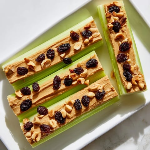Crisp celery sticks filled with creamy peanut butter, topped with raisins, makes a tasty snack.