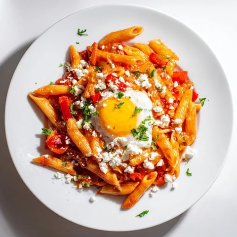 Quick Shakshuka Pasta with runny egg yolk, vibrant tomato sauce, and fresh herbs, ready to serve.