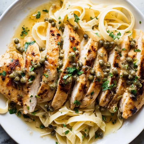 Quick Chicken Piccata Pasta with a vibrant lemon sauce, capers, and tender chicken slices.