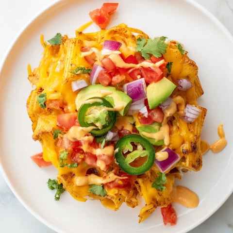 Golden-brown baked pasta chips nachos, stacked with melted cheese, fresh toppings, and vibrant sauce.