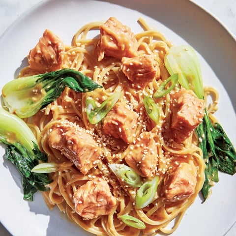 Creamy miso butter salmon pasta, with tender salmon and bok choy, ready to serve and enjoy.