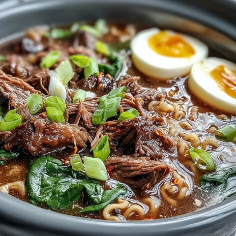 Slow cooker beef ramen noodles with tender shredded beef, soft-boiled egg, and vibrant green onions in savory broth.