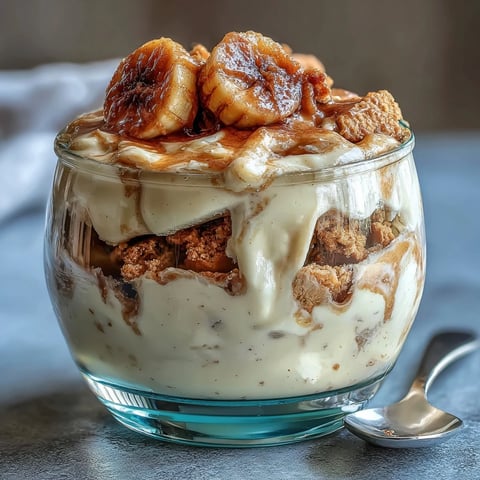 A creamy, high-protein banana pudding layered with Greek yogurt custard, crumbled vanilla wafers, and fresh banana slices.