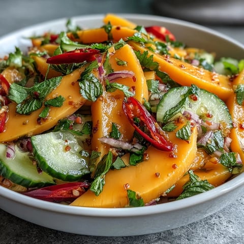 Bright strips of ripe mango, red bell pepper, and cucumber are tossed in a glossy lime-honey dressing for a refreshing Mango Salad.