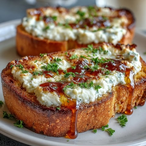 Golden-baked Hot Honey Ricotta Garlic Bread on a rustic cutting board, with melted cheese and a sweet-spicy honey drizzle.