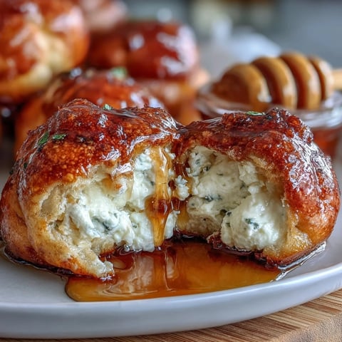 Golden-brown Hot Honey Ricotta Stuffed Garlic Knots fresh from the oven, drizzled with spicy-sweet glaze.