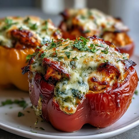 Golden-baked Pesto Chicken Stuffed Sweet Peppers with melted mozzarella on a rustic wooden table.