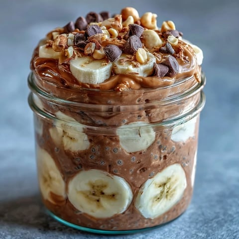 Creamy chocolate chia pudding layered with banana slices and peanut butter in a jar for breakfast.