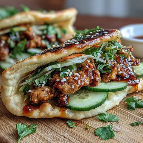 Freshly warmed naan bread stuffed with Korean-spiced ground turkey and crisp cucumber slices, drizzled with spicy gochujang mayo for a handheld fusion meal.