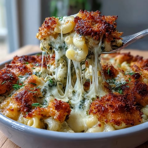 Freshly baked Baked Pesto Chicken Mac & Cheese bubbling in a dish, featuring golden panko topping and a wooden serving spoon ready to scoop.