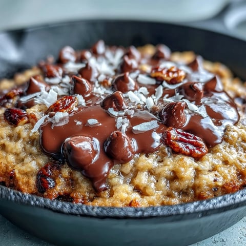 A warm slice of Chunky Monkey Oatmeal Cookie Skillet topped with melting vanilla ice cream.
