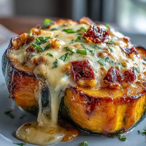 Roasted acorn squash halves are generously filled with steaming Hot Honey Chili Mac Stuffed Squash, bubbling cheddar cheese on top.