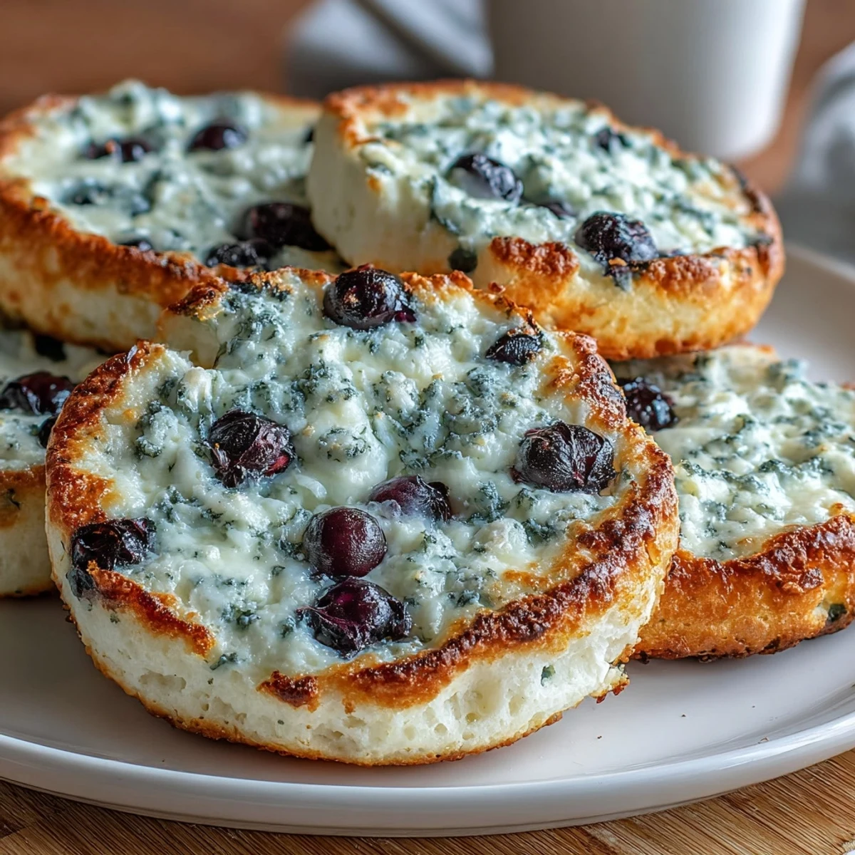 Fluffy Cottage Cheese Blueberry Cloud Bread cooling on a wire rack with golden edges and visible blueberries.