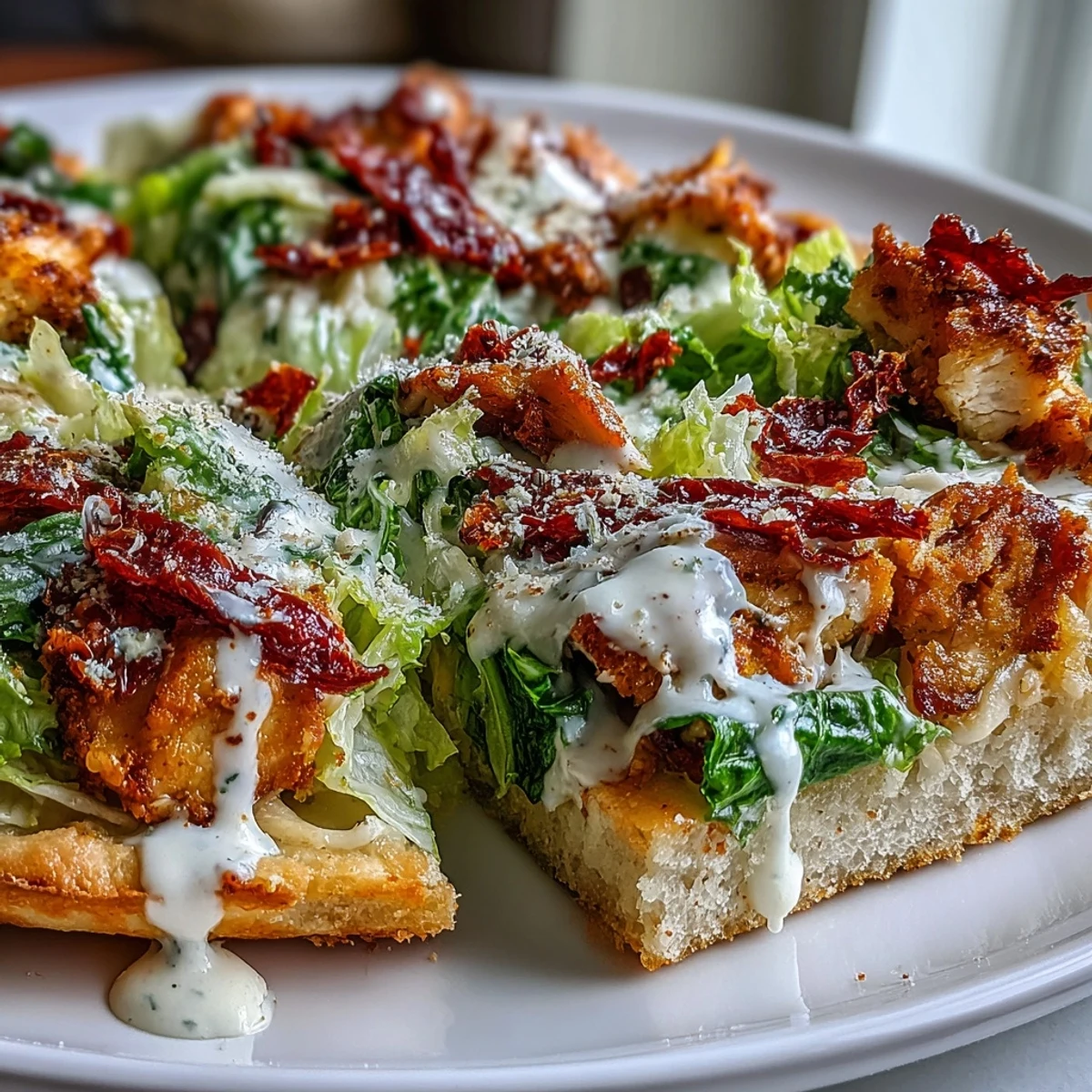 Golden, crispy Chicken Crust Caesar Salad Pizza fresh from the oven, topped with tossed romaine, Parmesan, and sun-dried tomatoes.