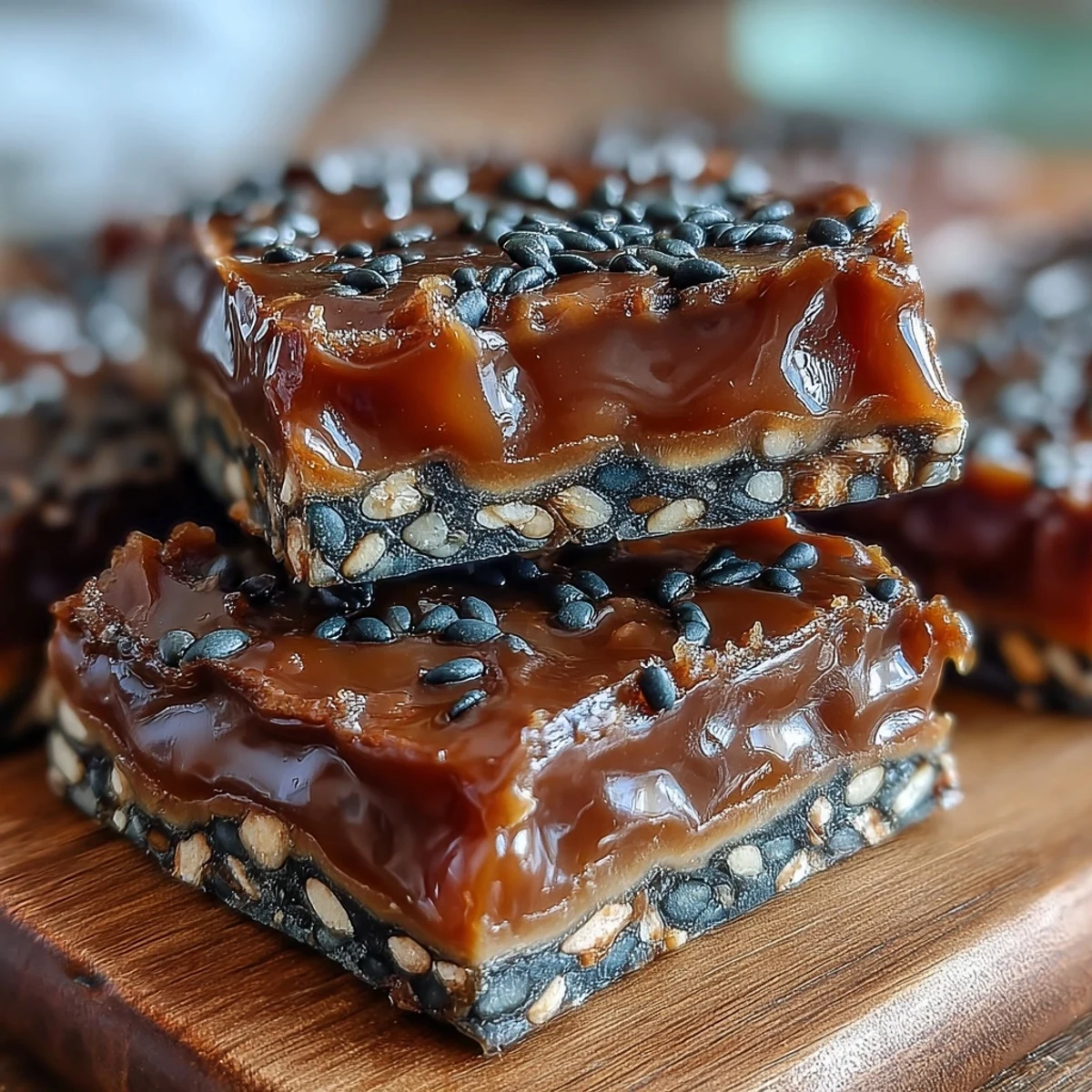 Golden-brown Black Sesame Brittle pieces with toasted seeds in crunchy caramel on a wooden board.