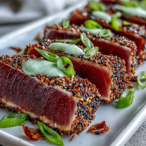 Freshly seared Black Sesame Seed Crusted Tuna with Wasabi Mayo garnished with scallions and lemon wedges on a white plate.