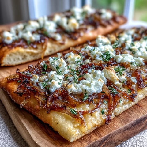 Golden-brown Caramelized Onion & Goat Cheese Flatbread fresh from the oven, topped with fresh thyme on a rustic wooden board.