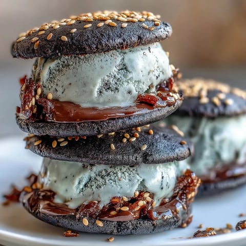 Two chewy black sesame cookies sandwich creamy black sesame ice cream, finished on a plate.