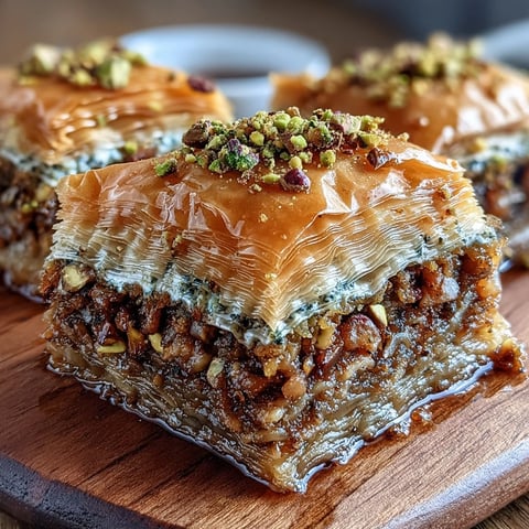 Freshly baked Pistachio & Honey Baklava with golden, flaky layers soaked in sweet syrup.