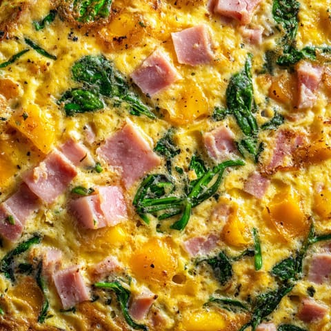 A frittata with ham and spinach.