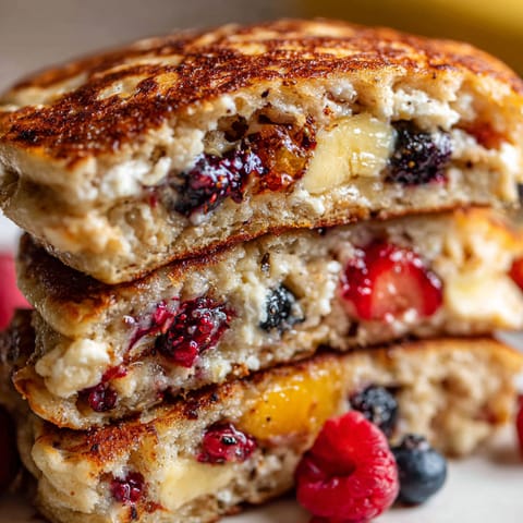 A stack of pancakes with fruit on top.