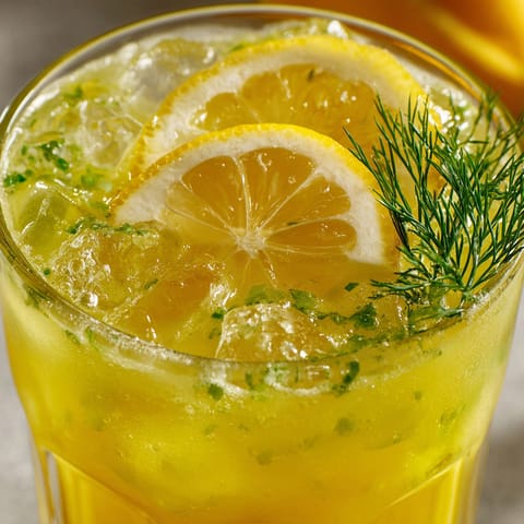 A glass of lemonade with lemon slices in it.