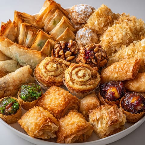 A plate of various pastries and desserts.