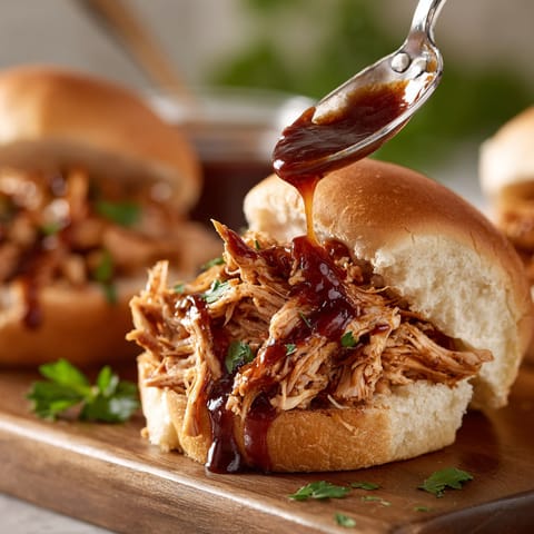 A BBQ Pulled Chicken sandwich with a spoonful of sauce.