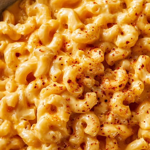 A close up of macaroni and cheese with a sprinkle of paprika.