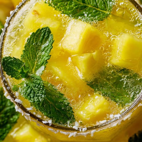 A glass of pineapple juice with a sprig of mint.