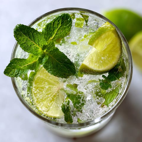 A glass of lime juice with a sprig of mint.