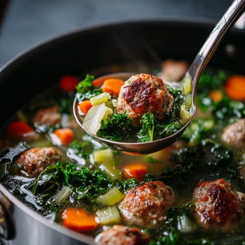 A spoon is being used to scoop meatballs out of a pot of soup.