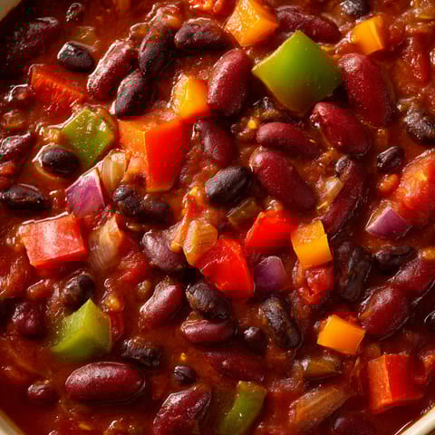 A bowl of chili with various vegetables.