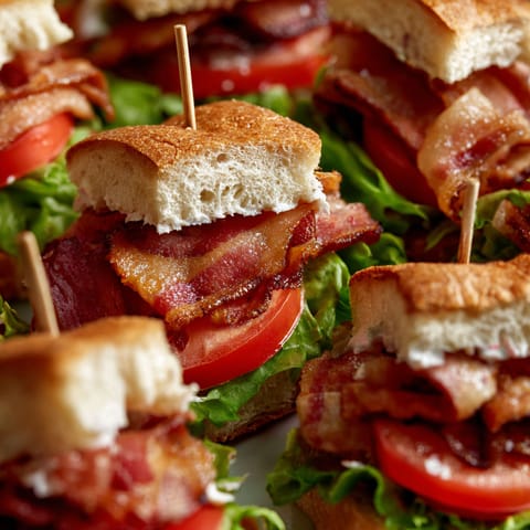 Mini BLT sandwiches on a plate.