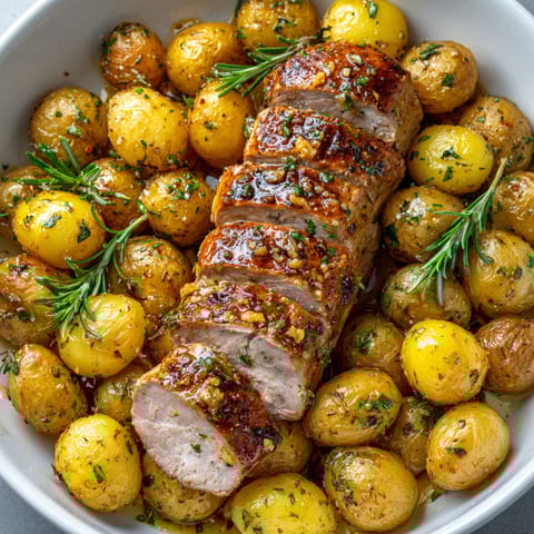 A plate of food with potatoes, meat, and herbs.