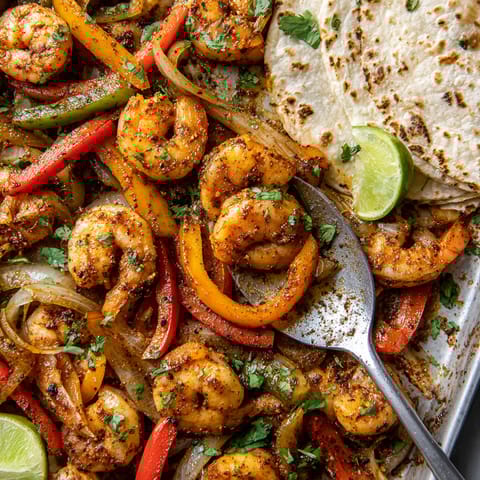 A pan of shrimp fajitas with peppers and onions.