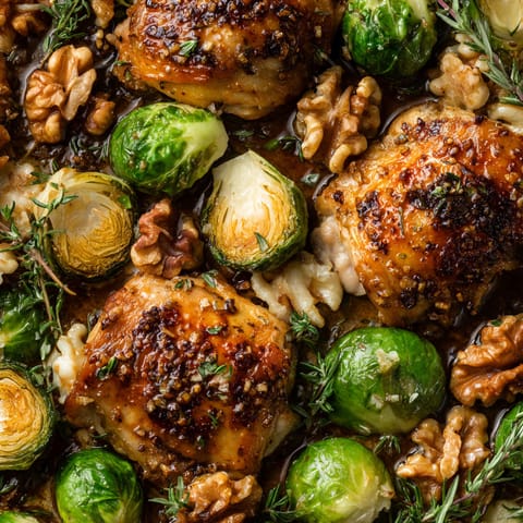 A dish of chicken and Brussels sprouts with a balsamic glaze.