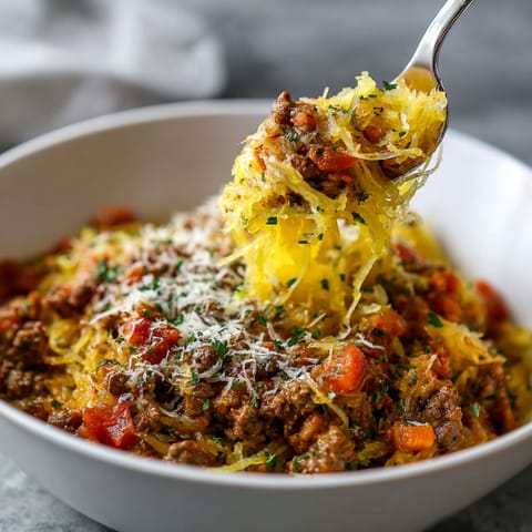 A bowl of spaghetti squash bolognese.