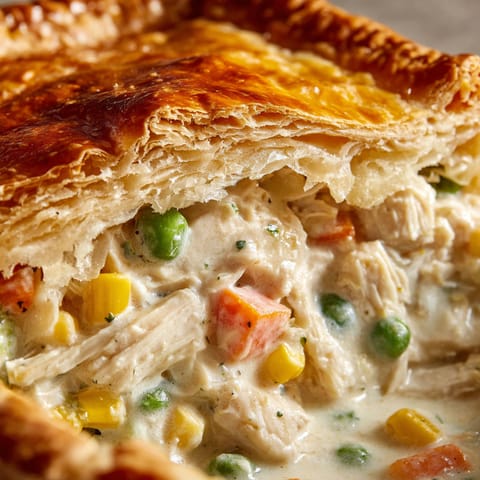 A slice of homestyle chicken pot pie.