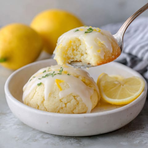 A bowl of lemon cake with a spoon in it.
