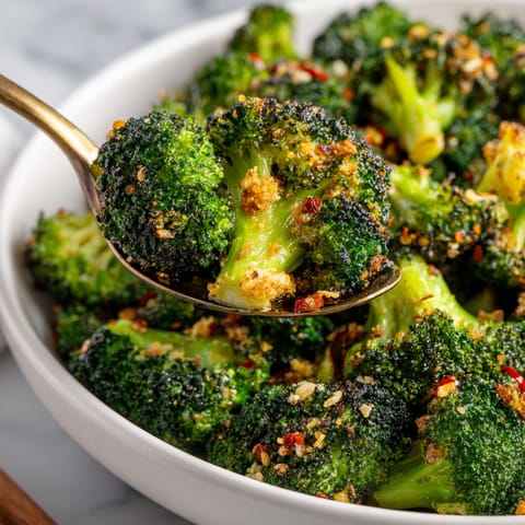 A bowl of broccoli with a spoon in it.