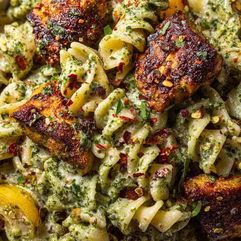 A delicious creamy pesto chicken tikka pasta dish.