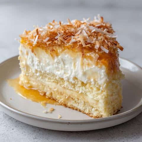 A slice of cake with coconut on top.