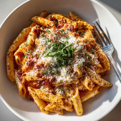 A bowl of pasta with cheese and herbs.