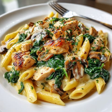 A plate of pasta with chicken and mushrooms.